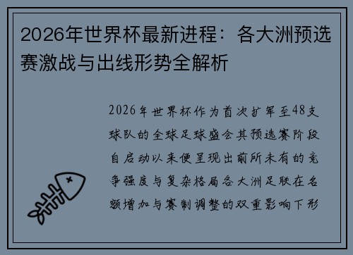 2026年世界杯最新进程：各大洲预选赛激战与出线形势全解析